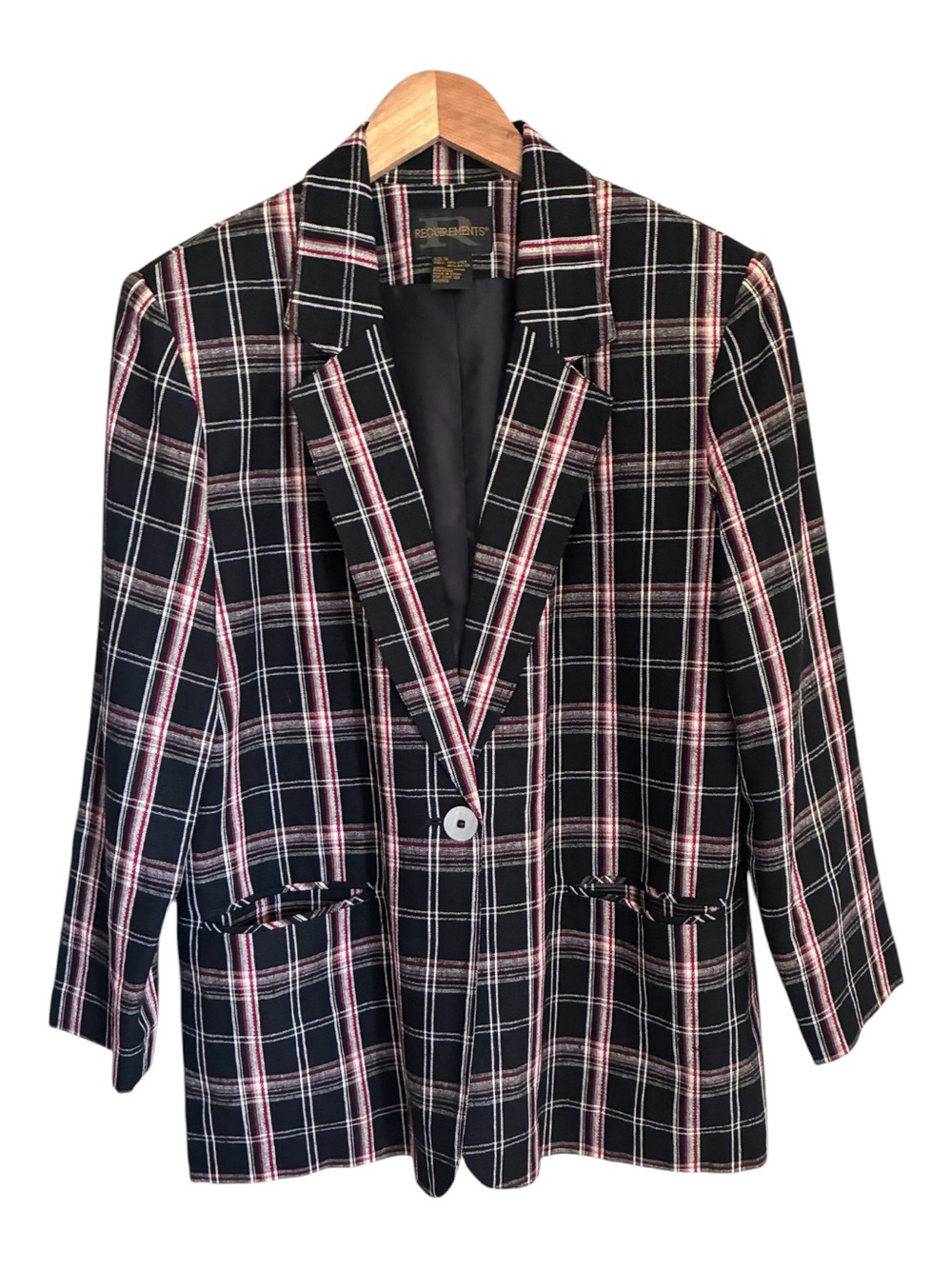 Vintage 90s Wool Blend Academia Black Plaid Blazer Red White Windowpane Sz 14